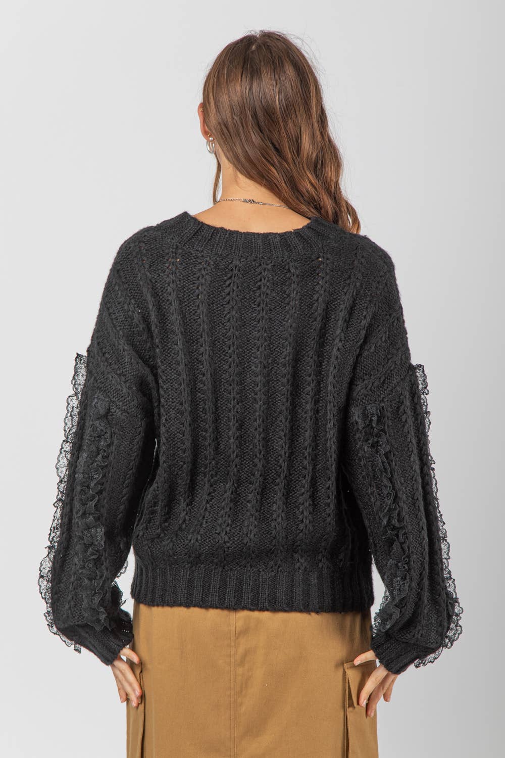 Black Lace Trim Oversized Knit Sweater