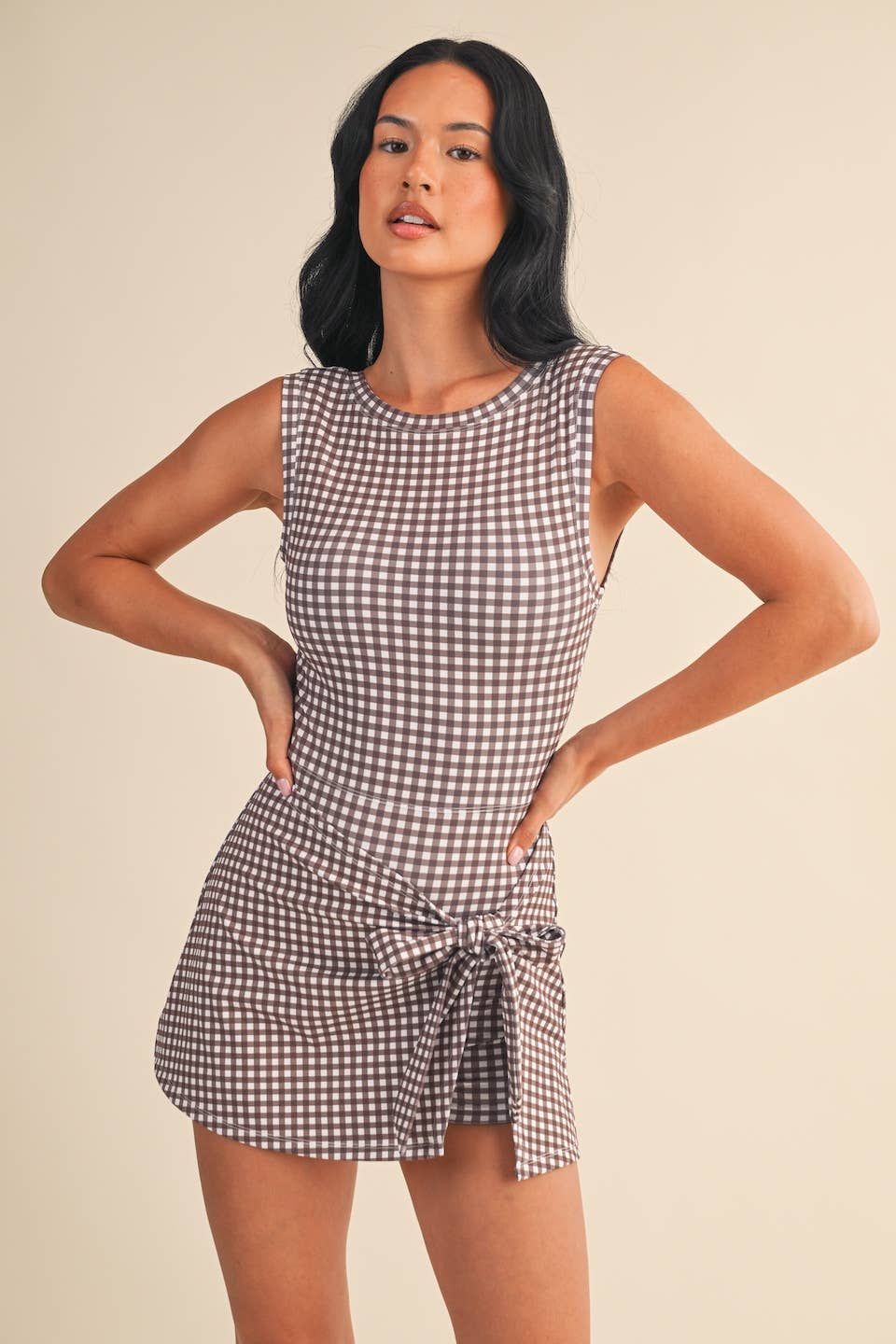 Brown Gingham Sleeveless Wrap Tie Front Dress