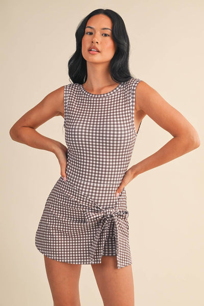Brown Gingham Sleeveless Wrap Tie Front Dress
