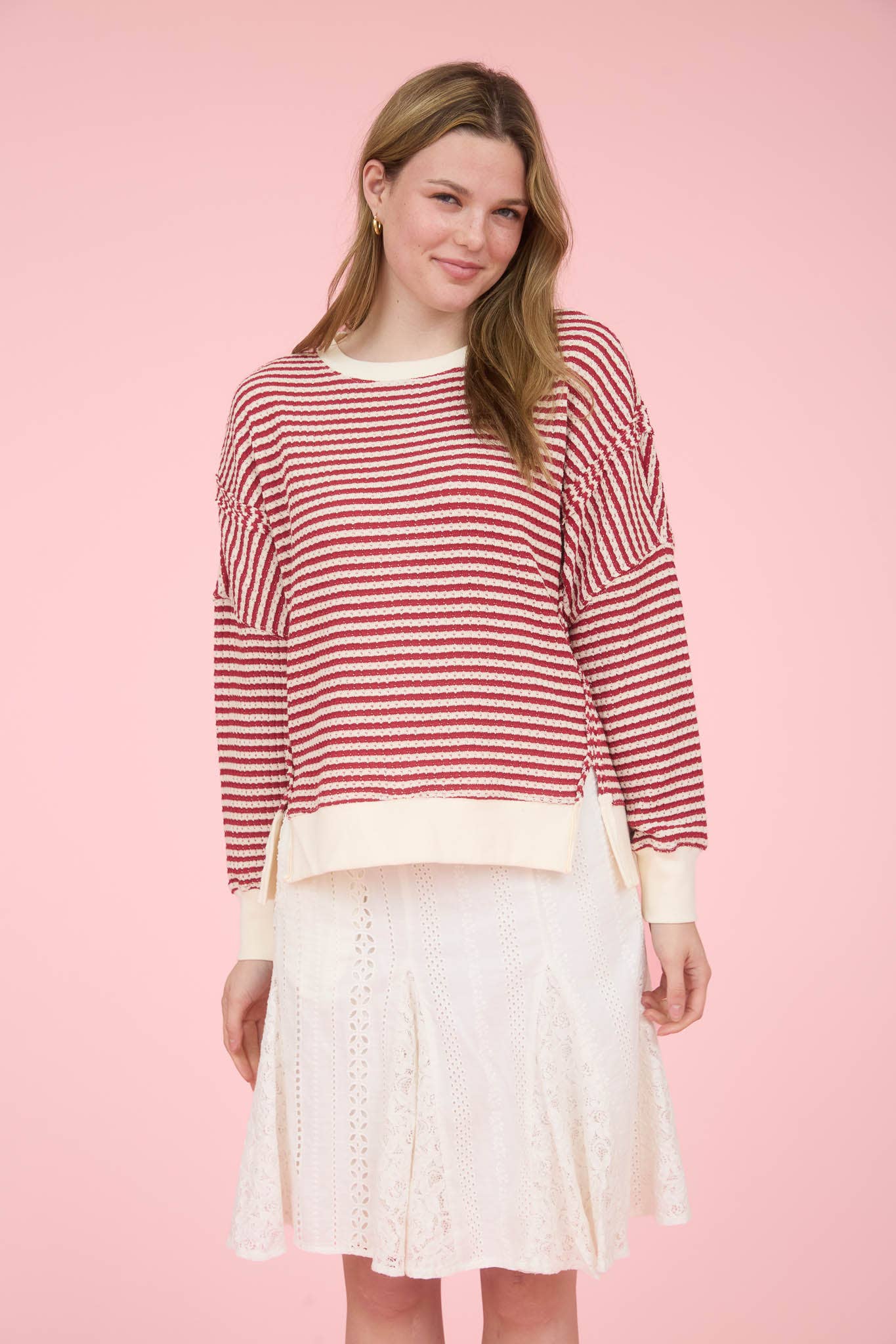 Cream + Red Stripe Exposed Hem Top