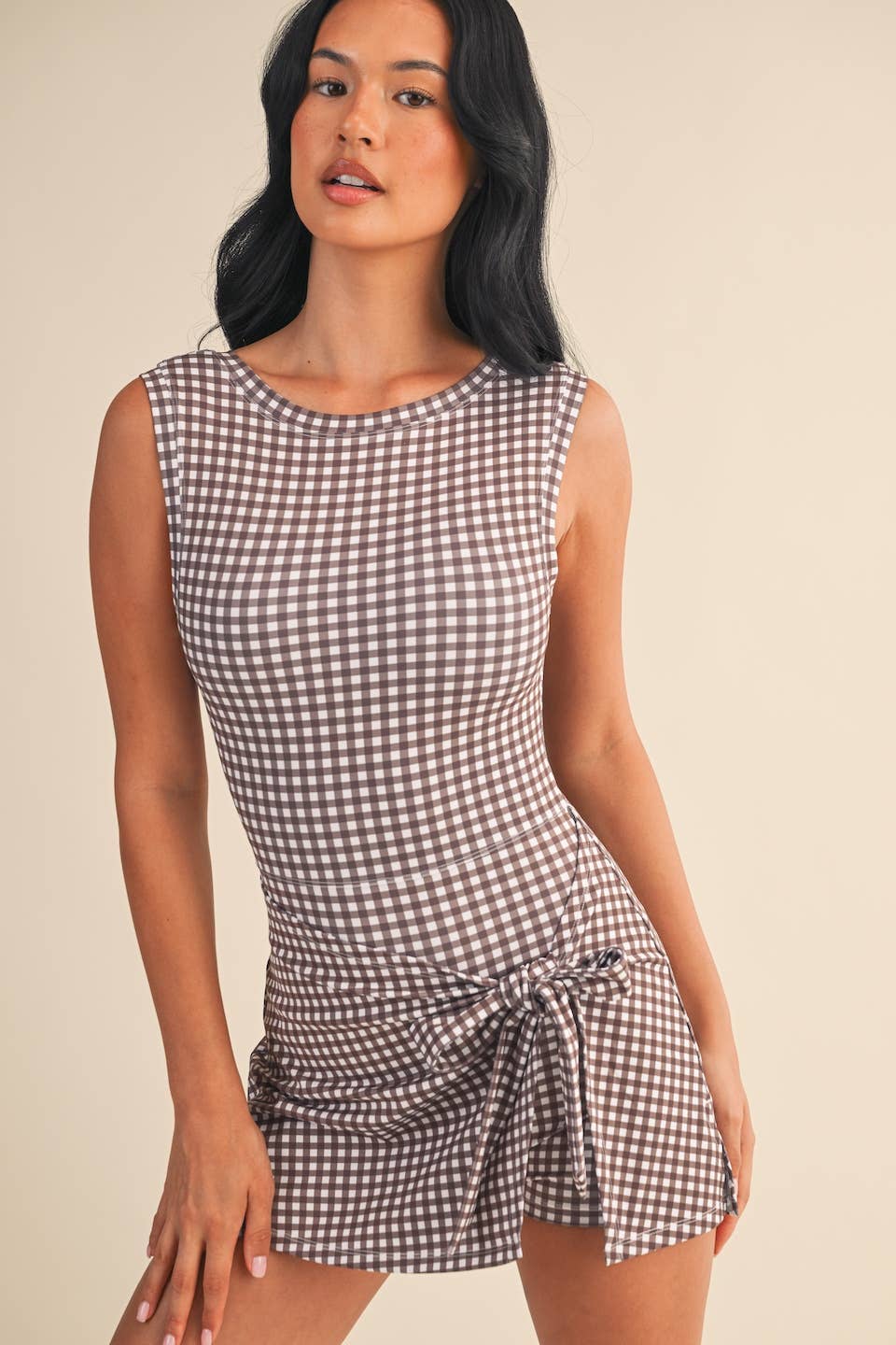 Brown Gingham Sleeveless Wrap Tie Front Dress