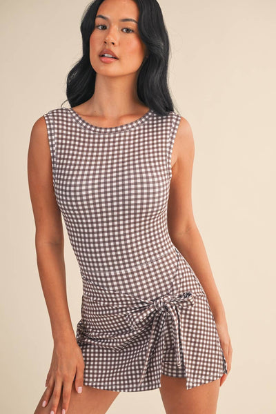 Brown Gingham Sleeveless Wrap Tie Front Dress