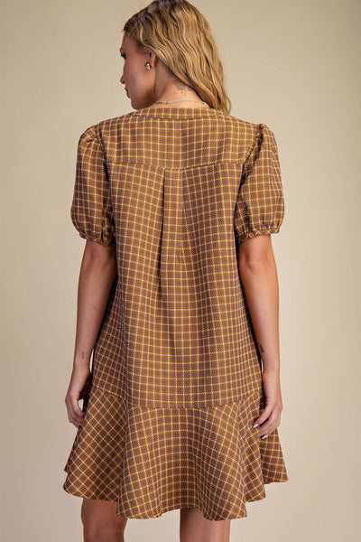 Camel Puff Sleeve Mini Dress