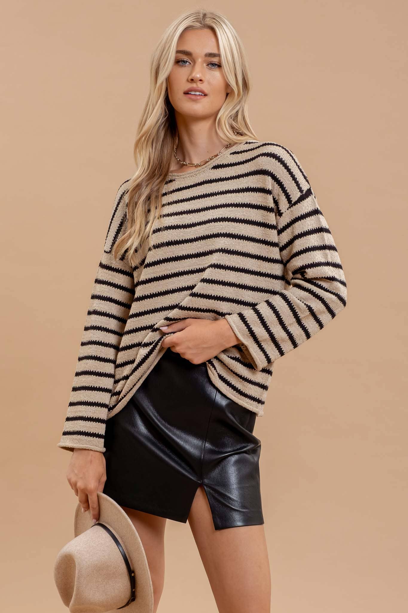 Taupe Stripe Boat Neck Sweater