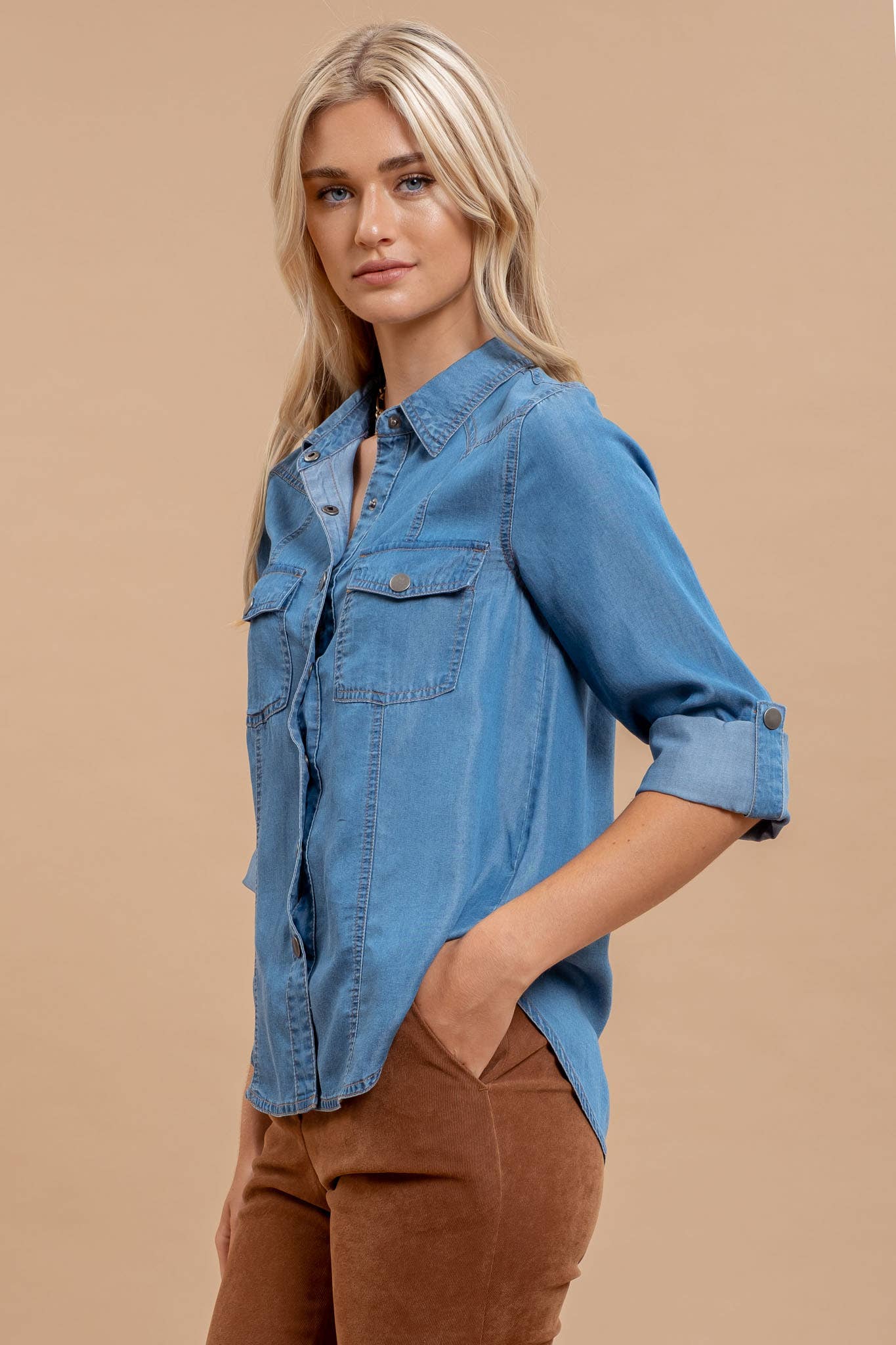 Chambray Collared Button Down Top