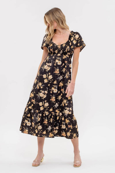 Black Floral Smocked Midi Dress