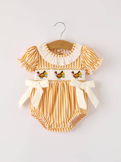 Chicken Smock Embroidered Orange Stripes Baby Girl Romper