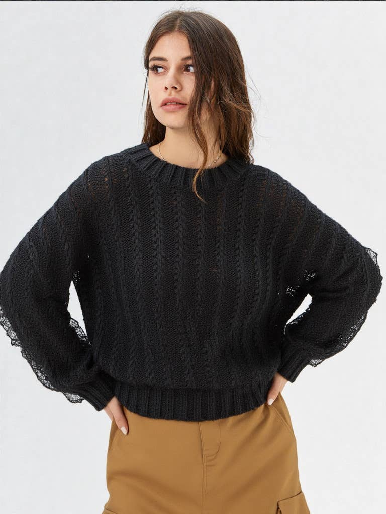 Black Lace Trim Oversized Knit Sweater