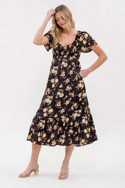 Black Floral Smocked Midi Dress