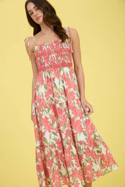 Tropical Floral Smocked Tiered Midi