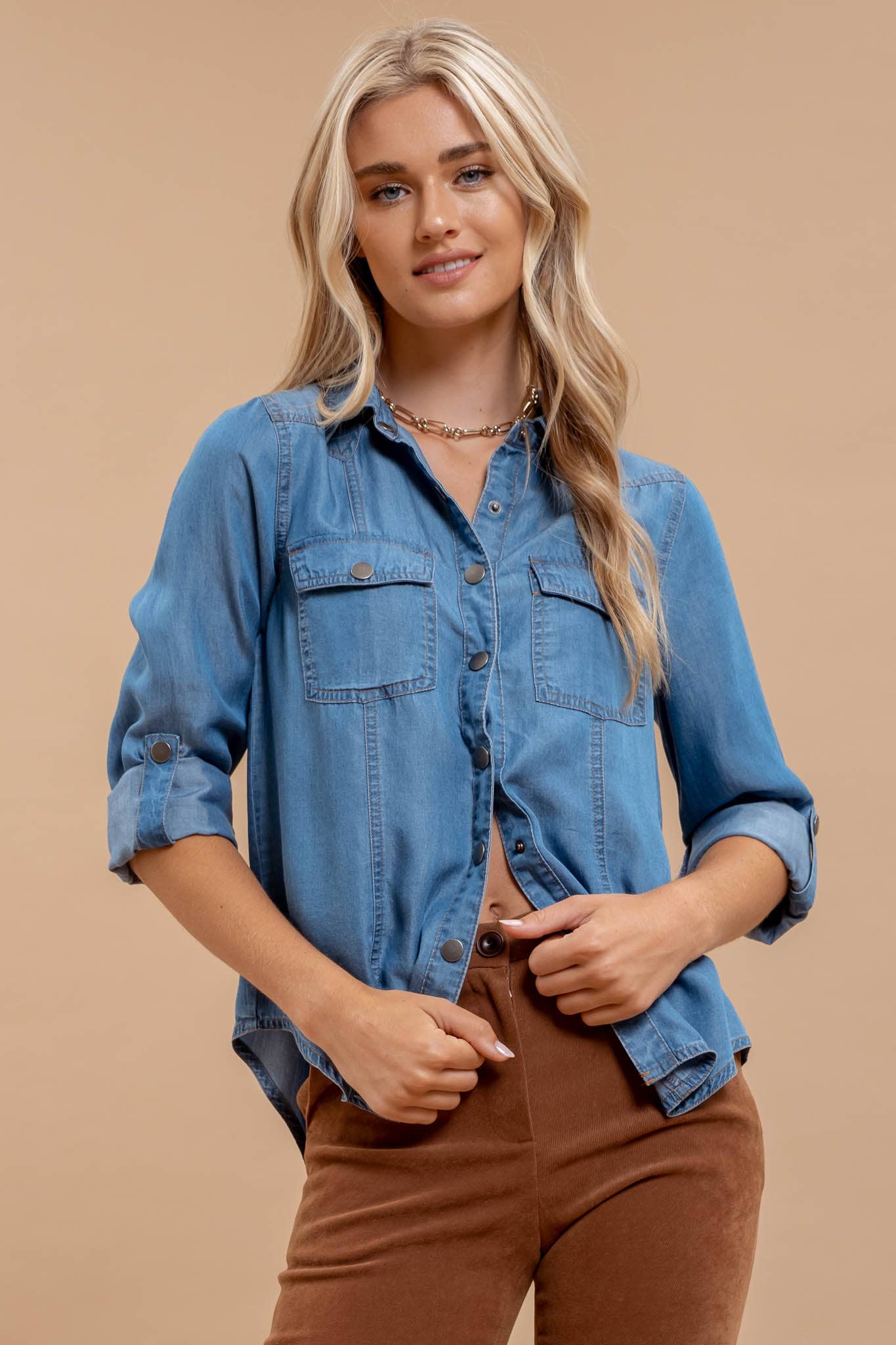 Chambray Collared Button Down Top