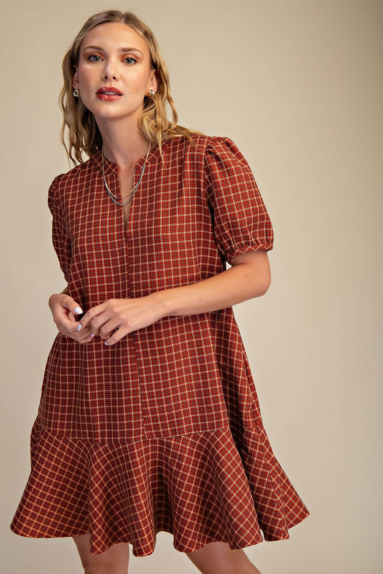 Camel Puff Sleeve Mini Dress