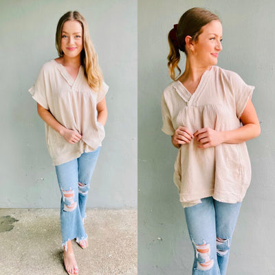 Gauze Raw Edge V Neck Top