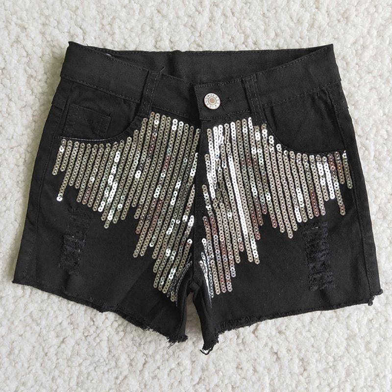 Girl's Black Sequin Denim Shorts