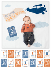 Load image into Gallery viewer, Lulujo “Greatest Adventure” Baby’s First Year Blanket &amp; Cards Set
