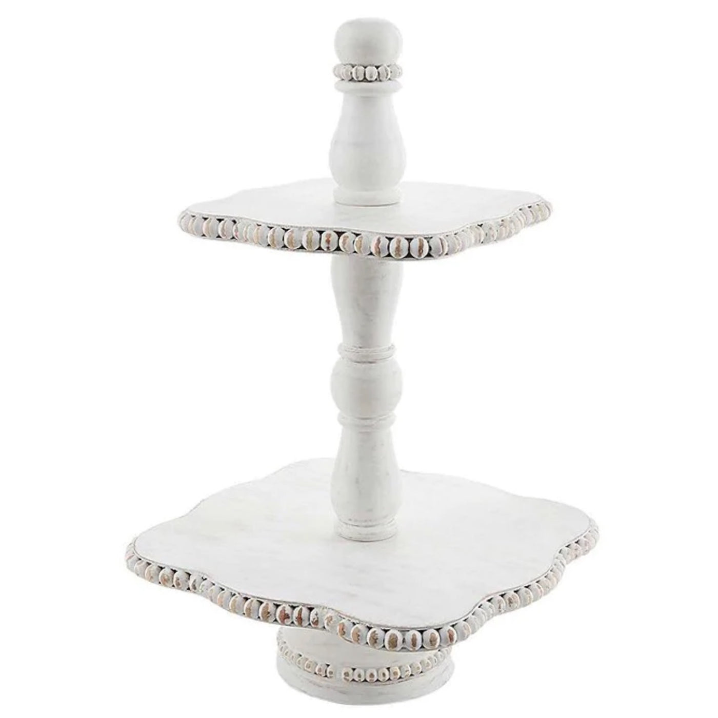 Mud Pie Mango Wood White Beaded 2-Tiered Server