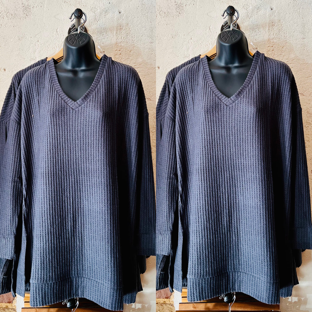 Thermal Waffle Knit V Neck Top